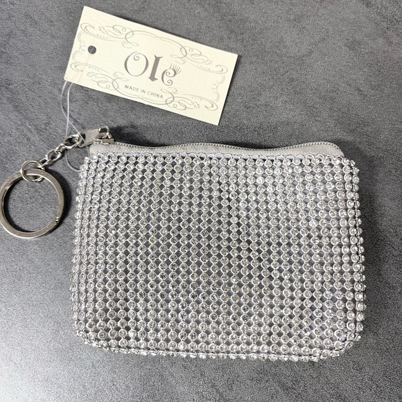 Silver Rhinestone Key Chain Zipper Card/Coin Pouch - Picture 1 of 4